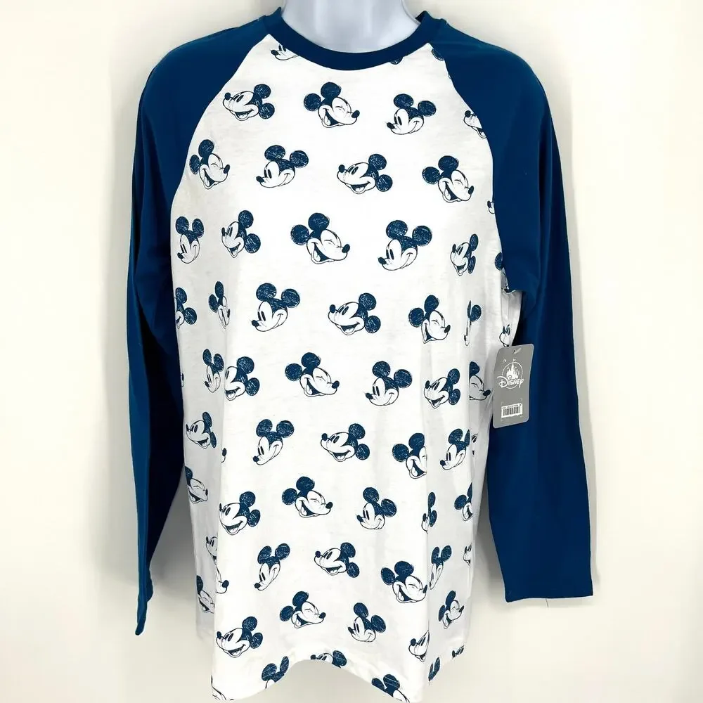 Disney Womens Mickey Mouse All Over Print Baseball Sleeve T Shirt Size L NWT